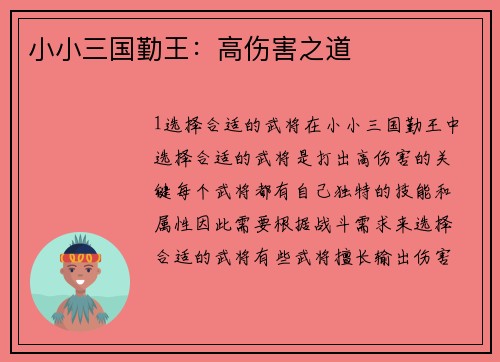 小小三国勤王：高伤害之道