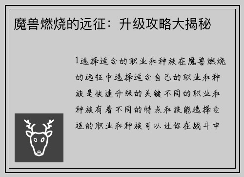 魔兽燃烧的远征：升级攻略大揭秘