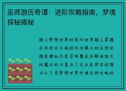 巫师游历奇谭：进阶攻略指南，梦境探秘揭秘