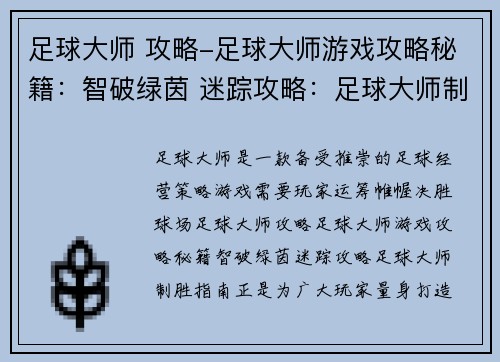 足球大师 攻略-足球大师游戏攻略秘籍：智破绿茵 迷踪攻略：足球大师制胜指南