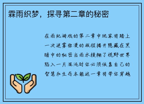 霖雨织梦，探寻第二章的秘密